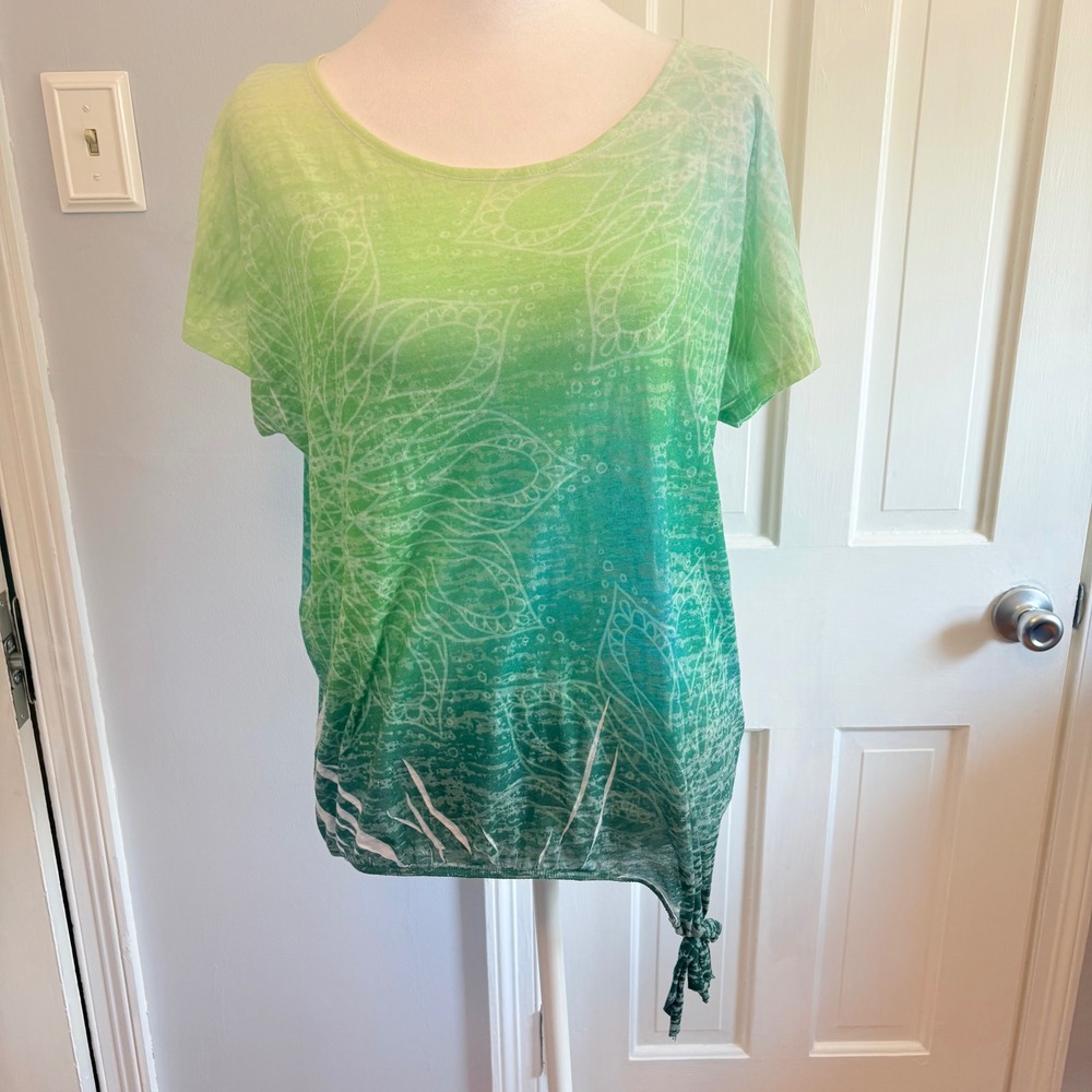 Prana Womens Medium T-Shirt Green Ombre Mandala Side Tie Burnout Top Boho